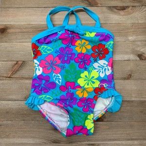 OCEAN PACIFIC® OP® Baby Girl One Piece Swim Suit Size 12M Blue Hawaiian Flowers